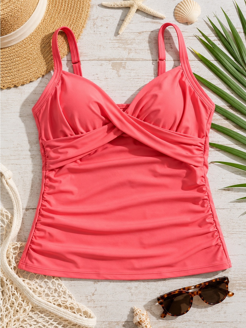 Lands’ End Tankini Top 10 Coral Ruched Twist Front Tummy Control Coastal Resort
